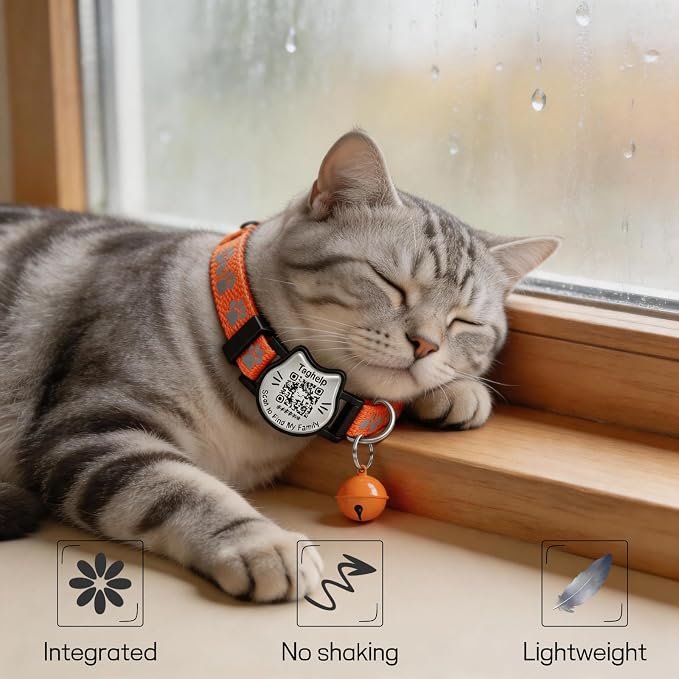 Breakaway Cat Collar with QR Code Tag and Bell (Blue & Orange) | Reflective Nylon, Quick-Release Buckle