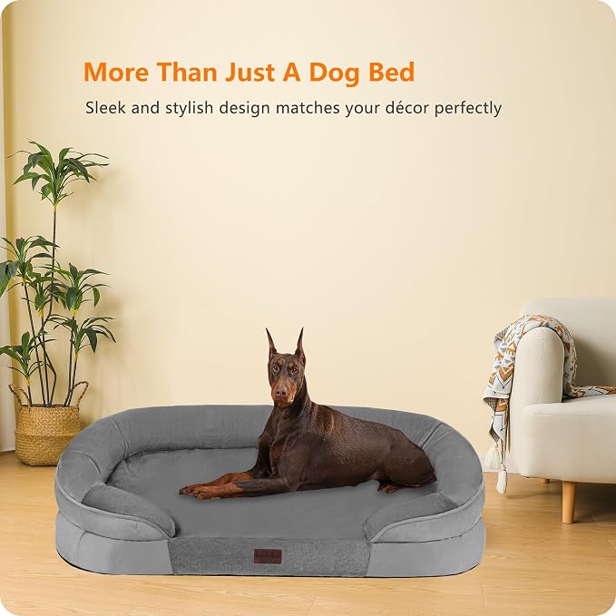 Dwanton Orthopedic Waterproof XX-Large Dog Bed Sofa, Gel Memory Foam, 48" | Egg-Crate Foam Dog Sofa, Washable Pet Bed with Four Sided Bolster Cushion, Removable Cover & Non-Slip Bottom, Medium Grey