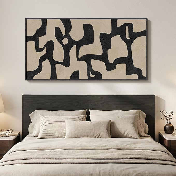 Large Framed Neutral Abstract Wall Art, Black Beige Mid Century Modern Vertical Canvas Prints Paintings Artwork for Walls, Organic Pictures Wall Decor for Hallway Living Room Bedroom Office, 30x60 In