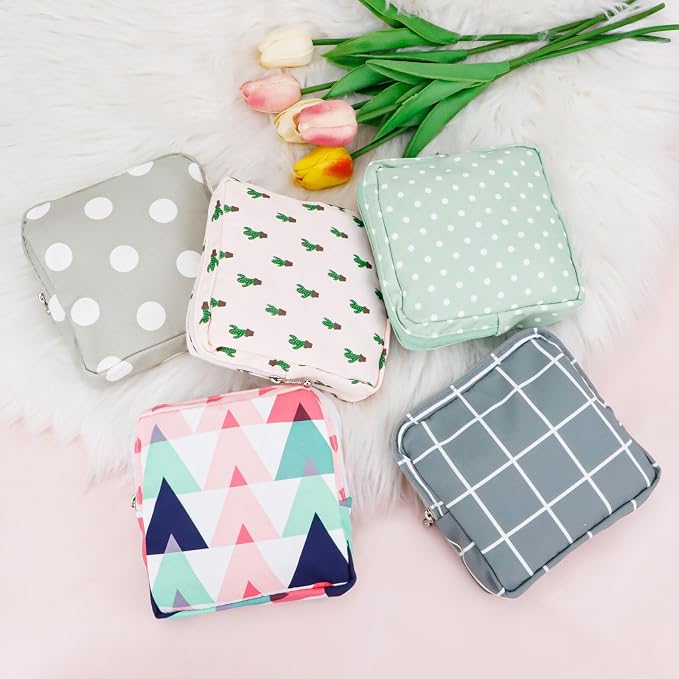 RETON 5 Pcs Sanitary Napkin Storage Bag, Portable Period Bag Period Pouch for Panty Liners Tampons Sanitary Pads, Menstrual Pad Bag Feminine Menstruation First Period Bags for Young Girls Women