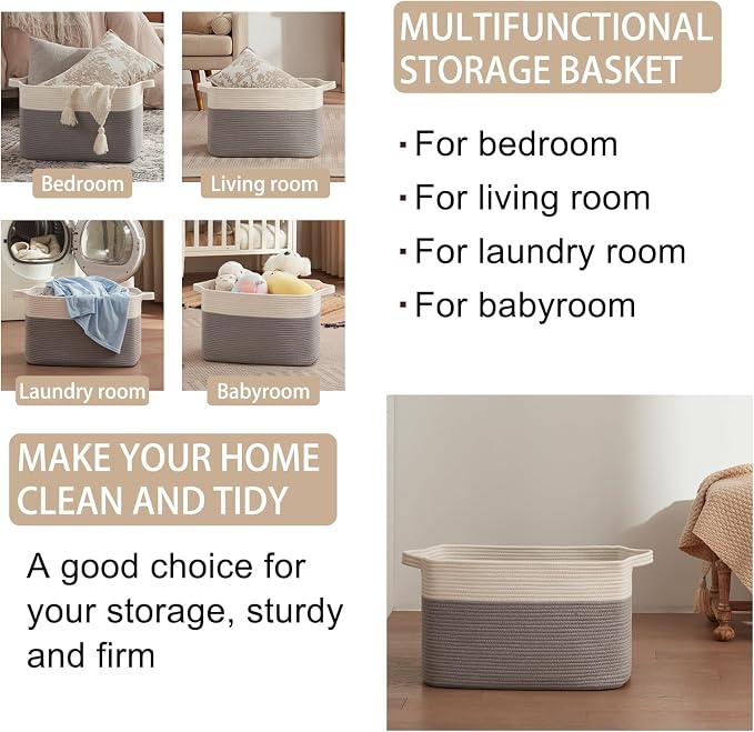OIAHOMY Large Blanket Basket, 65L Cotton Rope Woven Laundry Basket, Toy Bin for Baby Room, Container for Blanket Storage in Living Room, 20''×16''×12'', Grey & White