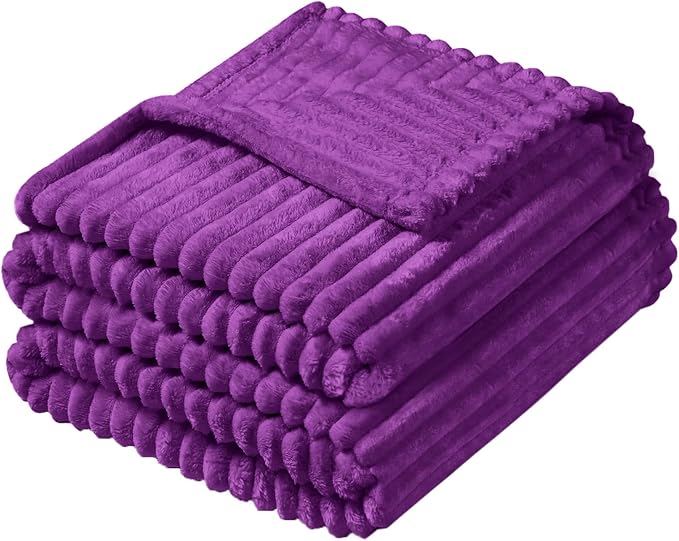 Vessia Flannel Fleece Twin Blanket for Couch,Sofa,Bed, 300GSM Striped 60x80inch Purple Blanket for Adults and Kids, Super Soft Warm Cozy Lightweight Ribbed Throw for All-Season