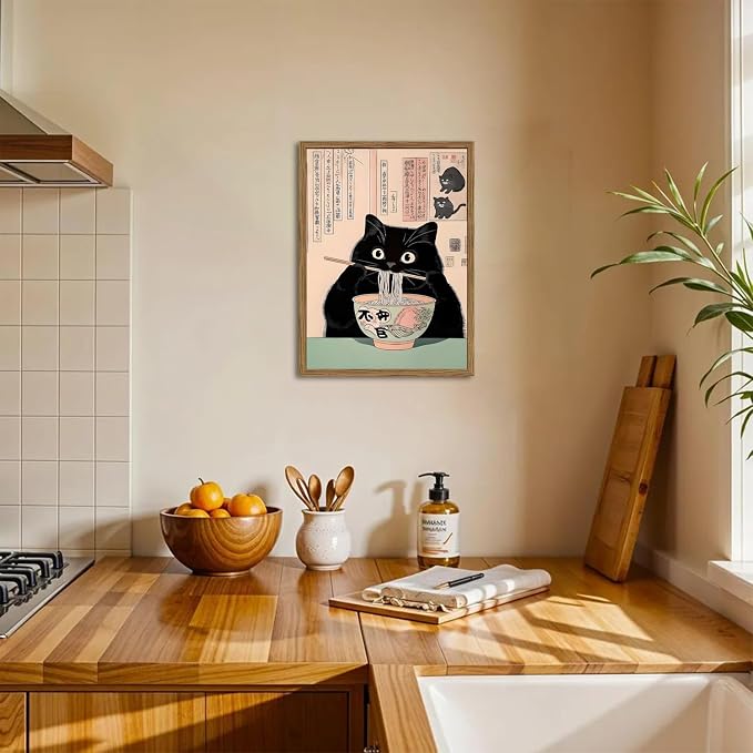 Funny Japanese kitchen Black Cat Wall Art, Whimsical Cat Eating Noodles Wall Decor Painting, Cute Animal Canvas Poster Eclectic Pet Dining Room Prints Artwork Wood Framed 16x24 inch