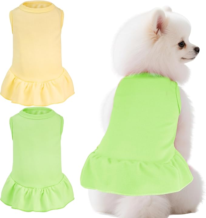 2 Pcs Dog Dresses Cat Skirt Solid Color Dog Clothes Summer Sleeveless Puppy Girl Clothes for Small Pet Dogs Cats (Yellow,Green, X-Small)