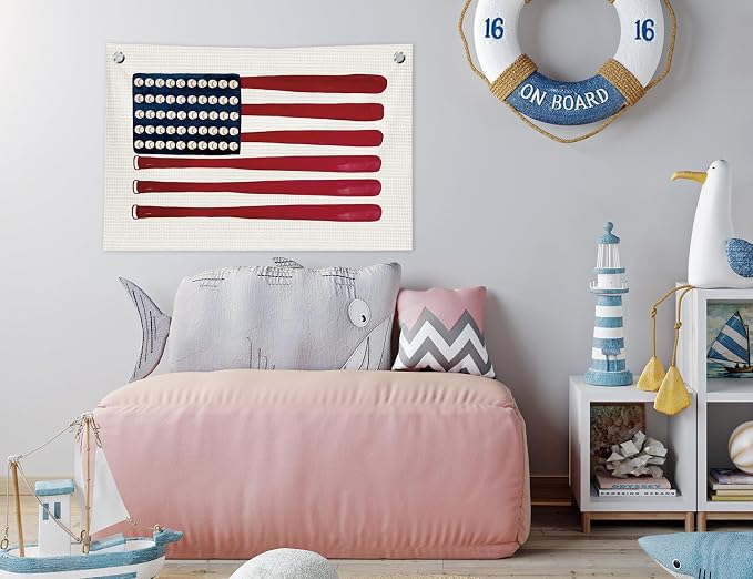 Vintage Sports Baseball Wall Art Decor Canvas Banner | Retro Baseball Wall Decorations for Boys Room Nursery Bedroom Playroom, Base Ball Bat American Flag Banner, 30x20 in