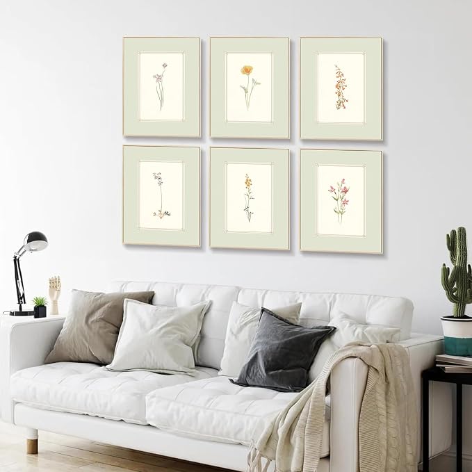 KBKBART Mint Green Floral Wall Art Set of 6 Unframed, Minimalist Abstract Flower Prints Watercolor Botanical Wildflower Wall Decor Canvas Painting, Boho Wall Decor for Bathroom, Living Room