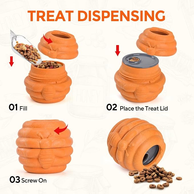 AUSCAT Dog Frozen Treat Toy, Safe and Durable Dog Enrichment Toys to Keep Them Busy, Dog Treat Dispenser in Honey Jar Shape, Orange