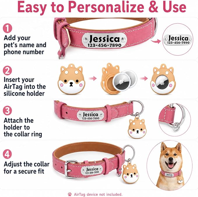 Personalized Leather Dog Collar with AirTag Holder Case, Custom Engraved Nameplate Dog Collar, Adjustable Genuine Leather Soft Padded Dog ID Collar for X-Small Small Medium Large X-Large Dogs-Pink-S