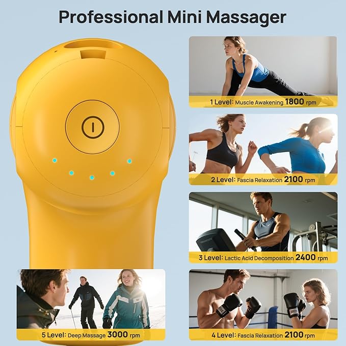 Super Mini Massage Gun Deep Tissue, Handheld Muscle Massager with 4 Heads, Percussion Travel Size Massager Gun for Back Pain Relief, Quiet for Home, Gym, Office, Gift for Men & Women, Yellow