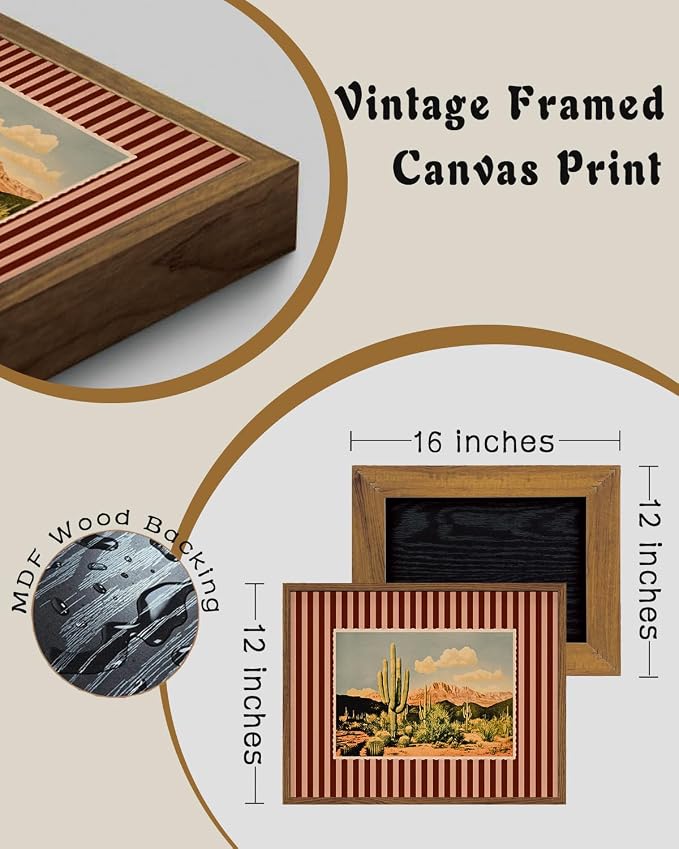 ZZLWBKGL Western Wall Decor Cactus Canvas Art Desert Framed Wall Art | Mid Century Southwestern Artwork Nature Striped Paintings for Living Room Bedroom Study