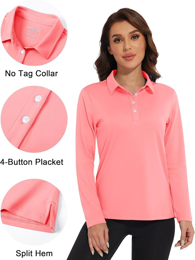 MAGCOMSEN Long Sleeve Polo Shirts for Women Golf Tops with Collar Work | UPF 50+ Sun Protection, 4 Buttons, Moisture Wicking, Breathable, 4-Way Stretch, Collared, Quick Dry, Active, Casual, Tennis