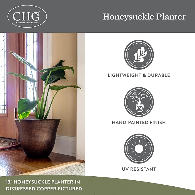 13" Honeysuckle Planter in Blue Jean | Hand-Painted Finish Plant Pots, Lightweight Indoor Outdoor Planter, UV-Resistant, Great for Patio, Home & Garden Decor Accent