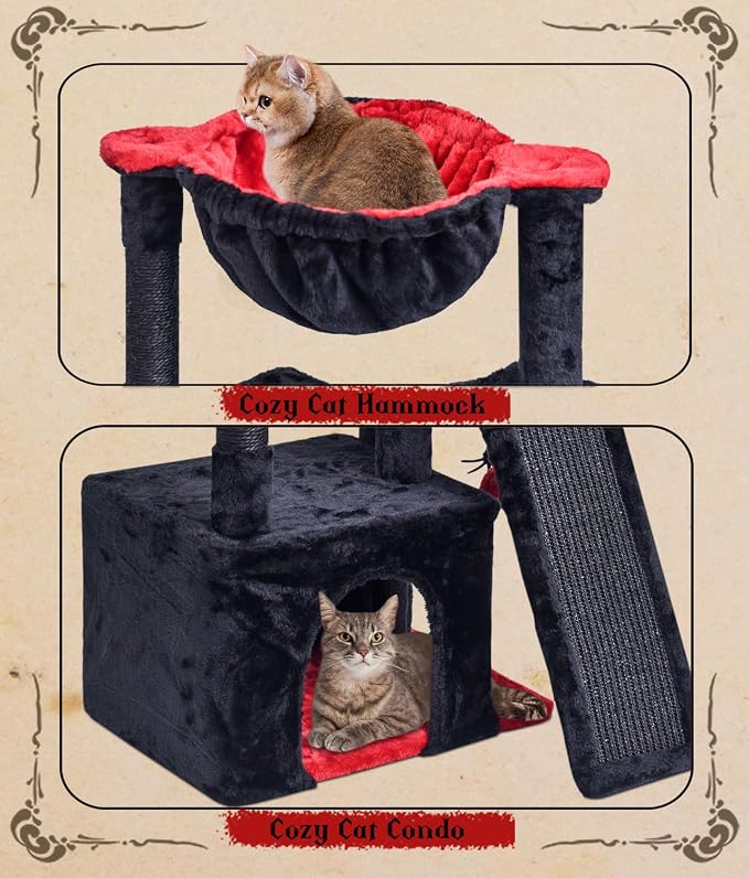 SYANDLVY Gothic Cat Tree for Indoor Cats Large Adult, Modern Activity Tower with Scratching Posts & Board, Condo with Plush Perch, Cradle & Hanging Ball & Spider for Play, Black