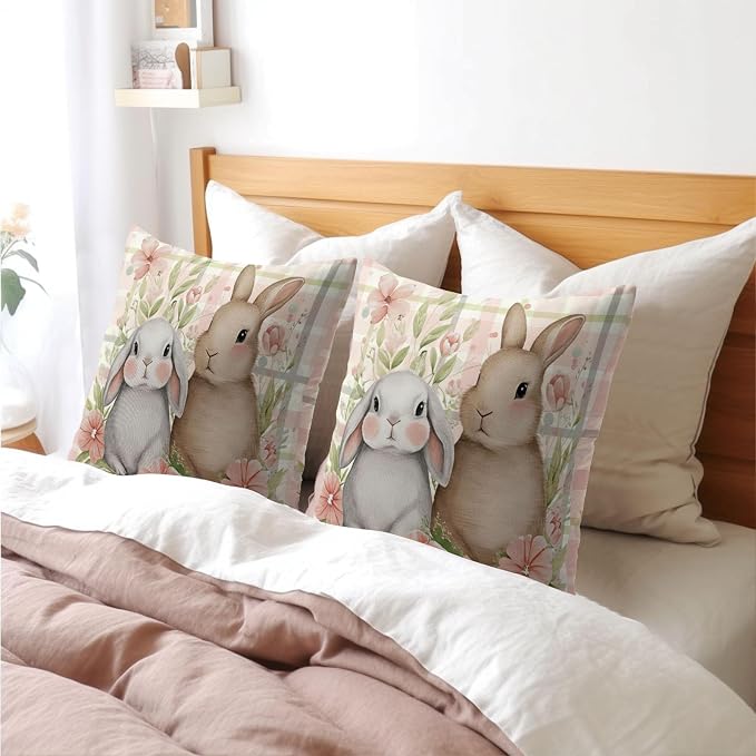 Easter Bunny Pillow Covers 16x16 Inch Spring Rabbit Floral Decorative Pillow Cases Pink Plaid Throw Pillows Set of 2 Seasonal Modern Farmhouse Home Decor for Sofa Couch Outdoor