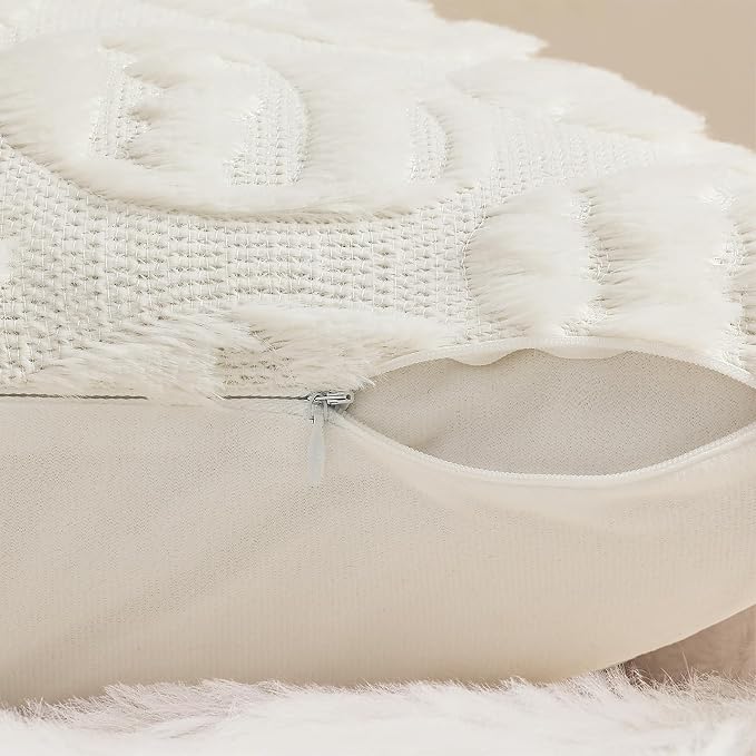 decorUhome Cream White Faux Fur Egg Throw Pillow Covers 16x16 Set of 2 | Plush Soft Wool Jacquard Cream White Cushion Covers, Modern Farmhouse Easter Holiday Decor Pillow Covers for Couch Sofa Bed