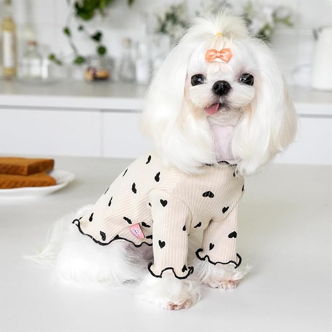 Pet Clothes for Small Dogs Cat Summer Fall Heart Print Shirt Stretchable Ruffle Long Sleeve Outfits for Chihuahua Schnauzer Shih Tzu Yorkie (Coffee, Medium)