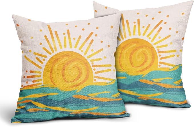 Summer Sunrise Pillow Covers 24x24 Inch Set of 2 Bright Yellow Sun Beach Rustic Throw Pillow Cases Outdoor Linen Square Cushion Cover Farmhouse Decor for Bedroom Home Sofa Couch Bed