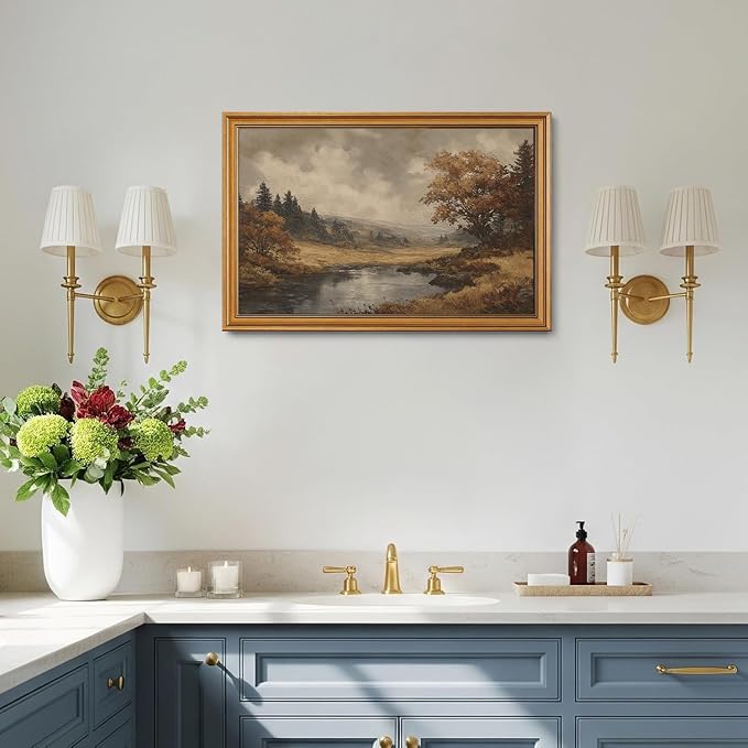 Vintage Gold Framed Wall Art Fall Forest Lake Landscape Painting Wall Decor | Autumn Scenery Pictures Canvas Art Farmhouse Cottagecore Small Framed Prints Artwork for Bookshelf Hallway Gallery Wall