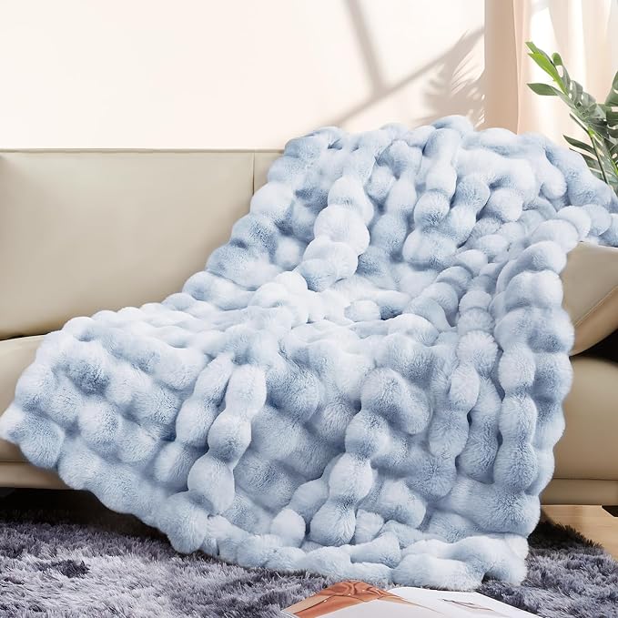 Luxury 1000GSM Faux Rabbit Fur Throw Blanket, Super Heavy Warm Cozy Grey Blankets for Couch Bed Sofa, Ruched Plush Fuzzy Elegant Soft Reversible Mink Blanket for Living Room Bedroom, Blue