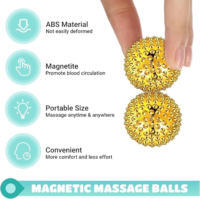 Spiky Massage Ball, Magnetic Balls, Hand Massage Ball Gold Ball 1 Pair, Hand Acupuncture Ball Massage for Adult and Kid, Hand Exercise Squeeze Balls for Pain Pressure and Stress Relief