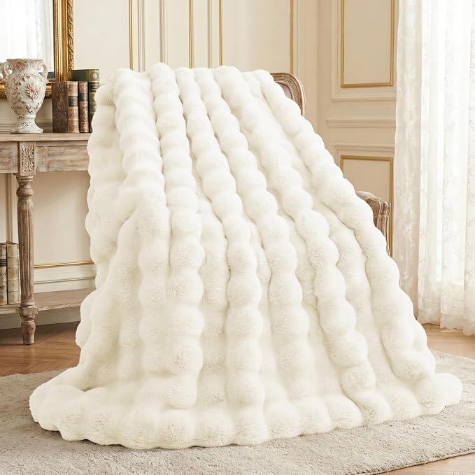 L'AGRATY Faux Rabbit Fur Throw Blanket for Couch, 60'' x 80'', Cream White | Soft Cozy Bubble Fluffy Blanket for Sofa Bed, Thick Warm Plush Fuzzy Throw for Room Home Decor, Luxury Gift for Women Mom