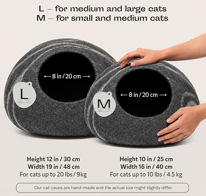 Cat Cave - Merino Wool Bed for Indoor Cats (Dark Gray, Large) | Cat Bed Enclosure, Premium Felt, Handmade, Super Soft, Lightweight, Breathable, Adjustable Shape