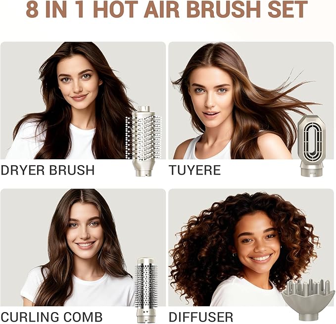 Lavomist 8-in-1 Dual Voltage Hot Air Styler & Hair Dryer Brush with Straightener & Curler Attachments, 110,000 RPM Ionic Fast Drying for Frizz-Free Styling, Includes Travel Bag