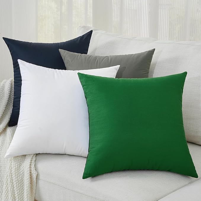 Longhui bedding Green Throw Pillow Inserts 18x18 Set of 2, 100% Cotton Cover with Polyester Fill, 2-in-1 Use as Stuffers or Standalone Decor for Couch, Bed, Living Room, Outdoor