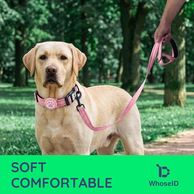 Airtag Dog Collar and Leash Set,Reflective Ultra-Durable Nylon Padded with QR Buckle & IP68 Waterproof Air Tag Holder Compatible for Apple AirTag, Comfortable for Small Medium Large Dogs (Pink Set,S)