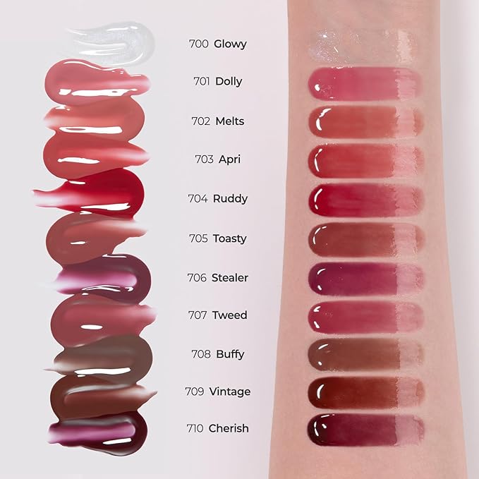 Laka Fruity Lip Glotioner, 10ml/0.33 fl.oz, Lip Gloss with High Shine Vivid Colors, Jelly tip for Hygienic & Easy Application, Plumping Conditioner, Vegan, K-Beauty (#700 Glowy)
