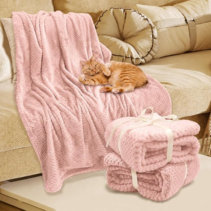 4 Pack Fleece Throw Blankets 50x60 Inches - 270 GSM Ultra Soft Plush Flannel for Bed Couch Sofa, Lightweight Warm 3D Waffle Texture, No Shedding No Pilling All Season Throw (Rose Pink)