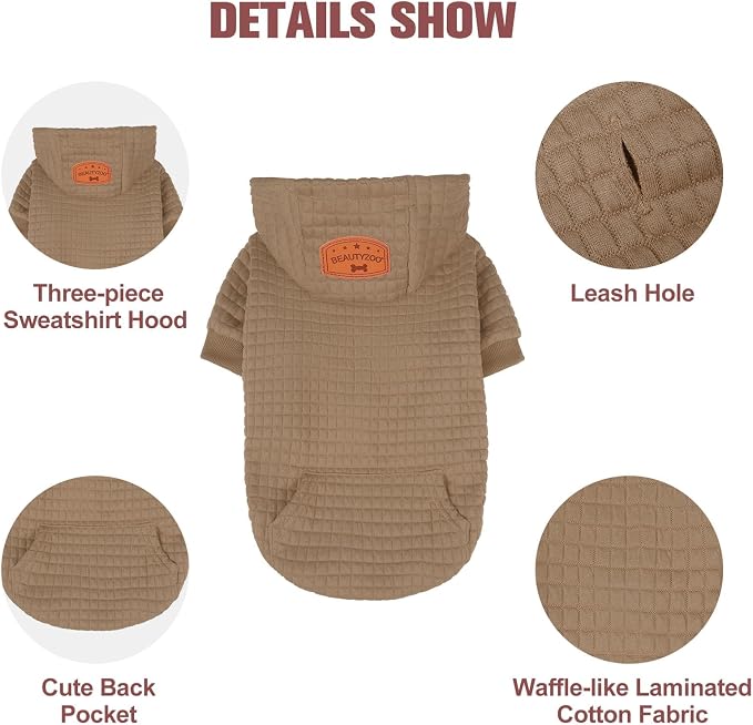 BEAUTYZOO Dog Hoodies Sweater for Small Dogs,Waffle‑Like Laminated Pet Coat | Warm Dog Sweatshirt with Pocket & Leash Hole,Pullover Clothes for Girl Boy Dogs & Cats,Stretchy & Easy‑On‑Off,Chihuahua Puppy