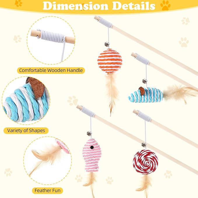 Leitee 20 Pcs Interactive Cat Toys for for Indoor Cats Set, Wooden Cat Wand Toywith Bells Feather Handle Chew Rope Mouse Sisal Balls Kitty Toys for Play Chase Exercise (Colorful)
