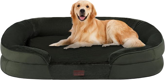 Dwanton Orthopedic Waterproof Large Dog Bed Sofa, Gel Memory Foam, 42" | Egg-Crate Foam Dog Sofa, Washable Pet Bed with Four Sided Bolster Cushion, Removable Cover & Non-Slip Bottom, Green