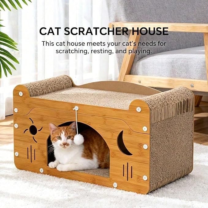 3-in-1 Scratcher Cat House – Save Your Furniture Combines Play Cave, Cozy Bed & Scratching Pad. Durable Cardboard, Reduces Stress. Ideal for Indoor Cats Who Love to Scratch, Play & Nap (FX-SFPPY)