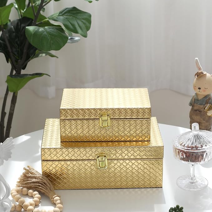 Faux Leather Decorative Jewelry Storage Organizer Boxes Set of 2, Gold | For Keeping Precious Keepsakes, Trinkets, Jewelry And Other Small Items Organized