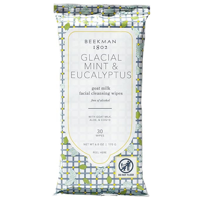 Beekman 1802 Face Wipes – Makeup Remover Wipes for Face, Facial Cleansing Wipes that Remove Makeup & Dirt, Travel Essentials, Face Wipes with Goat Milk & Aloe, Glacial Mint & Eucalyptus 30 Count