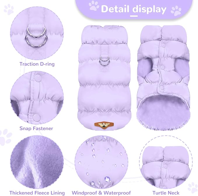ABRRLO Winter Warm Dog Jacket for Small Medium Dogs Cat Cold Weather Coats with Harness Paded Dogs Fleece Vest Waterproof Windproof Dog Snow Jacket Pet Puppy Clothes (Purple,XS)