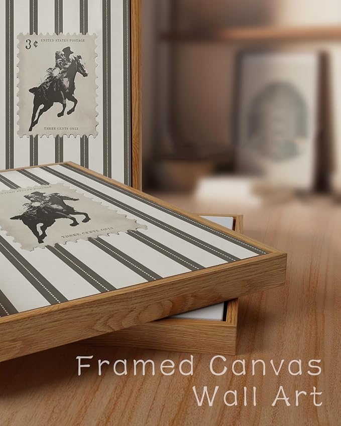 ZZLWBKGL Western Wall Decor Cowboy Canvas Art Bronco Framed Wall Art | Vintage Artwork Retro West Stamp Paintings Mid Century Bucking Aesthetic for Living Room Bedroom