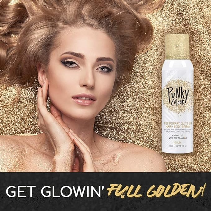 Punky Temporary Hair and Body Glitter Spray, Gold - Glitters Hairspray, Adds Shimmery Glow, Hair Glitter for Kids, Women, Men 3.5 oz
