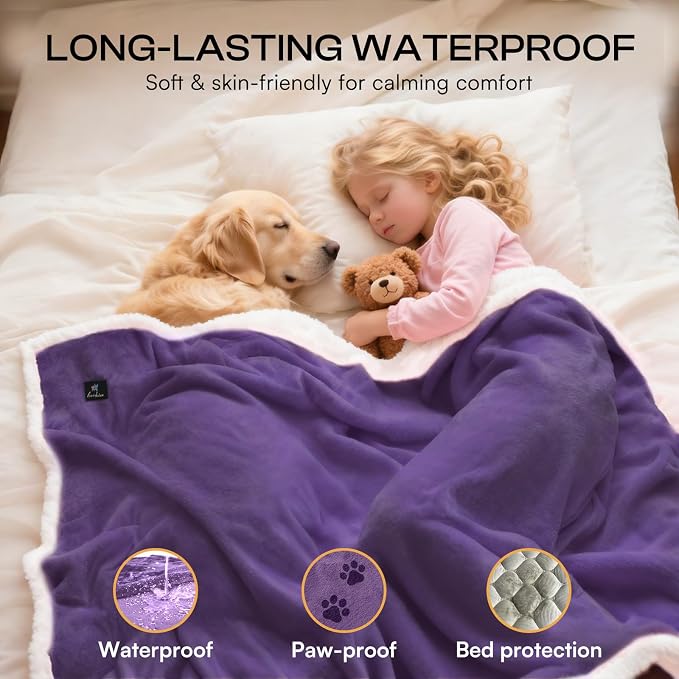 Luciphia Waterproof Bed Blanket Washable,Soft Sherpa Fleece Puppy Reversible Throw Blankets for Medium Large Dog Cat,Furniture Cover Protector Couch from Liquid Pee and Pet Fur,Purple White,85" x 57"