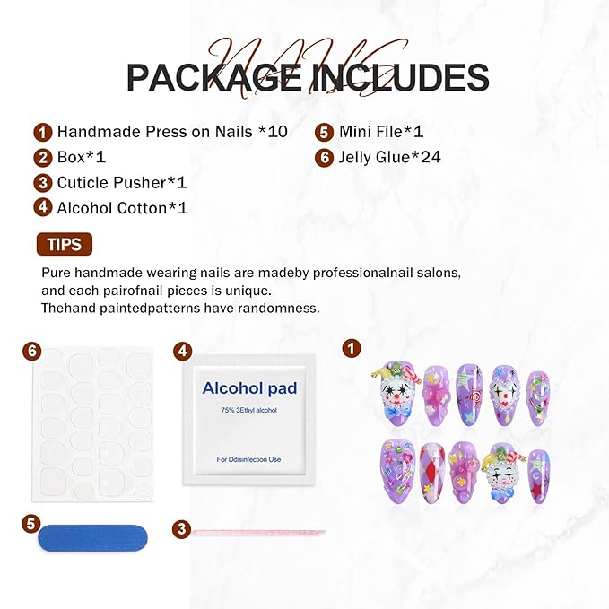 Handmade Press On Nails Almond, French Tips 3D Joker Design Short Fake Nails, Salon-Quality Reusable, 10Pcs Includes Adhesive Pads & Nail File, Special Holiday Gifts