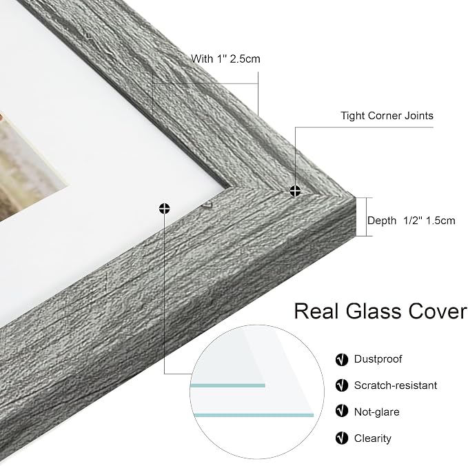 Hongkee 10x14 Picture Frame Set of 4, Made of Glass and Grey Wooden Frame, Display 8x12 Pictures with Mat or 30 x 40cm Diamond Painting Art without Mat for Wall Mounting, Gallery Photo Frames