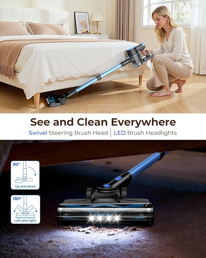 N8 Cordless Vacuum Cleaner,Lightweight Stick Vacuum with Powerful Suction,2200mAh Battery,40 Mins Runtime,Self-Standing, Rechargeable Vacuum Cleaners for Home Hardwood Floor Carpet Pet Hair (Navy)