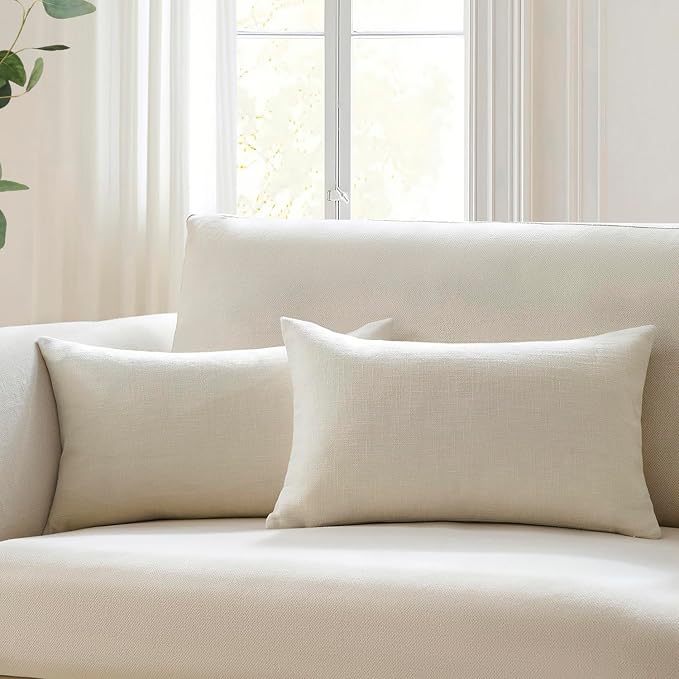 Meekio Set of 2 Ivory Throw Pillow Covers 12x20, Modern Farmhouse Linen Blend Decorative Pillow Covers for Couch Sofa Bed, Neutral Home Decor