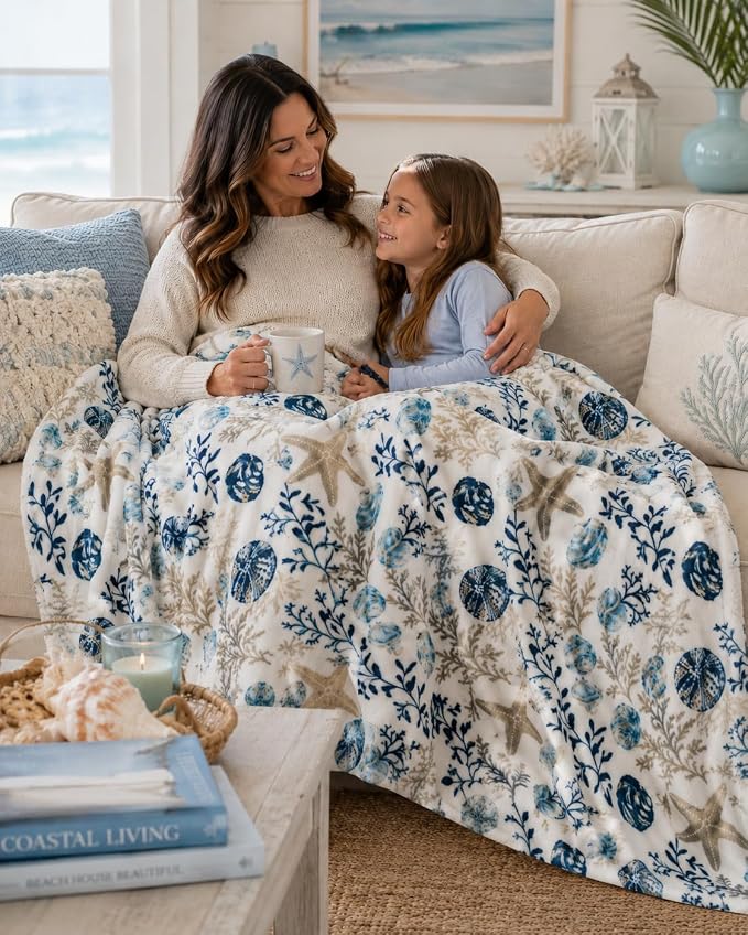 Coastal Ocean Beach Throw Blanket, Blue Gray Taupe White, 50x70 Oversized | Soft Plush Velvet Fleece, Seashell Beach Hues, Accent for Sofa Couch Chair Bed or Dorm, Washable & Durable, Extra Large Size