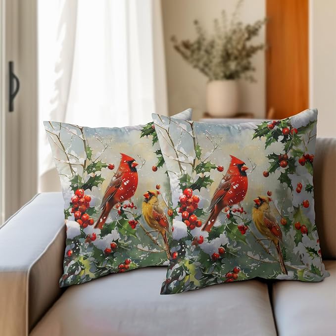 Kawani Winter Red Birds Pillow Covers 20x20 Inch, Christmas Holly Berries Pine Branch Throw Pillowcase Cotton Linen Square Cushion Case for Living Room Bedroom Couch Sofa Holiday Decor