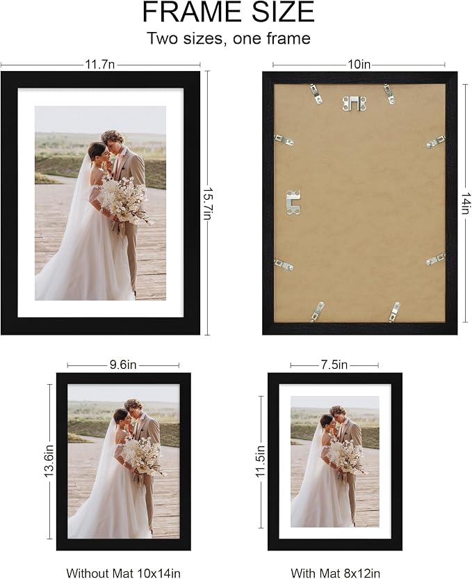Hongkee 10x14 Picture Frame Set of 4, Made of Glass and Black Wooden Frame, Display 8x12 Pictures with Mat or 30 x 40cm Diamond Painting Art without Mat for Wall Mounting, Gallery Photo Frames
