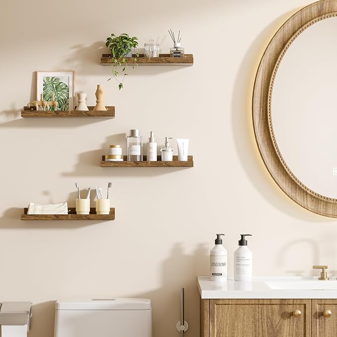 upsimples 4 Pcs 15" Acrylic Shelves for Wall Decor and Display, Rustic Wood | Cute Floating Shelf for Perfume, Skincare, Nail Polish, Wall Organizer for Bedroom, Living Room, Playroom, Room Décor