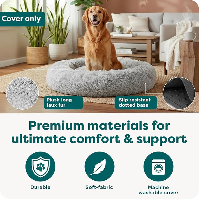 FurHaven Replacement Dog Bed Cover, Long Faux Fur for Calming Cuddlers, Machine Washable, Customizable Filling, Large, Faux Fur, Misty Gray
